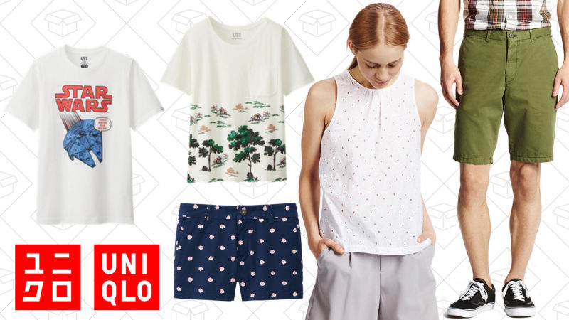 Men’s Star Wars Graphic Tee, $10 | Women’s Bonne Maison Graphic Tee, $10 | Women’s Chino Micro Shorts, $15 | Women’s Eyelet Sleeveless Blouse, $20 | Men’s Chino Shorts, $20